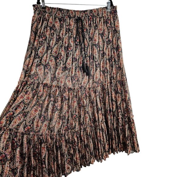 ZARA New Paisley Floral Print Metallic Boho Tiered Full Black Midi Skirt - Picture 5 of 13